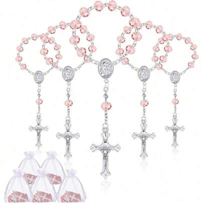 30 Pieces Baptism Rosary Catholic Mini Rosaries Baptism Favors For Guests Party Favors Rosary Beads 30 Pcs Organza Bags For Christening Weddings First Communion Gift(Pink)