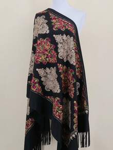 1件装女士秋冬仿羊绒刺绣围巾，加厚保暖流苏刺绣波西米亚风旅行披肩斗篷 - 黑紅 - 查看 2