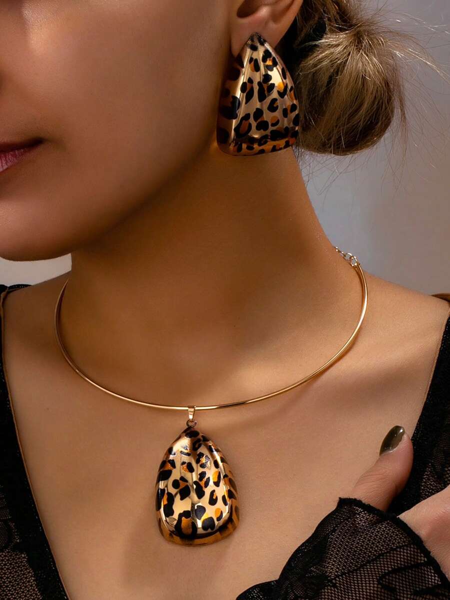 Women's Jewelry Set, Fashion Exaggerated Leopard Print Water Drop Earrings & Necklace Set, Suitable For Daily Wear - Leopard - View 1