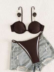 Solid Color Elegant Backless Beach Swimwear With Underwire Vacation - Brown - View 8