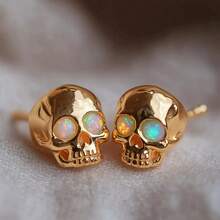 1pair Fashionable And Gothic Skull Synthetic Opal Decoration Earrings For Women/Men Suitable For Daily Wear Unique High-End Quality And Durable Earrings Music Festival Party Anniversary Gift Couple's Gift Christmas Day Valentine's Day Jewelry Gift For Her - Gold - View 1