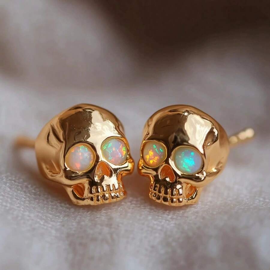 1pair Fashionable And Gothic Skull Synthetic Opal Decoration Earrings For Women/Men Suitable For Daily Wear Unique High-End Quality And Durable Earrings Music Festival Party Anniversary Gift Couple's Gift Christmas Day Valentine's Day Jewelry Gift For Her - Gold - View 1