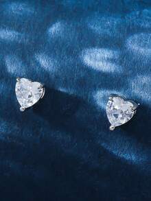 1 par de pendientes de botón minimalistas con zirconia en forma de corazón, joyería simple adecuada para uso diario de adolescentes, regalo para novia/Día de San Valentín - Multicolor - Ver 2