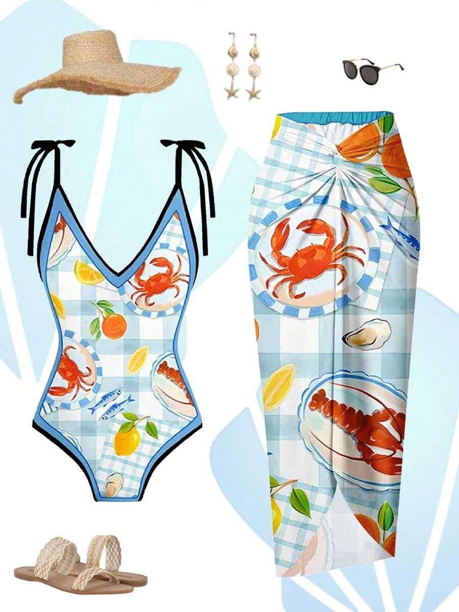 Bohemian Vacation Casual Beach Summer Women Tie-Front Fruit Lemon Crab Plaid Print Tankini 2 Pieces Swimsuit - Blue - View 1