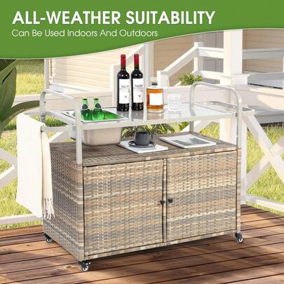 Outdoor Bar Table, Wicker Bar Cart with Cabinet, Patio Serving Cart with steel Top, with one ice bucket,Lockable Wheels, Side Basket for Garden, Poolside & Backyard