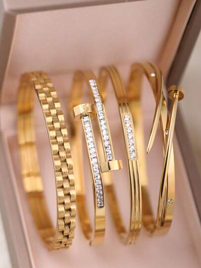 4pcs/1pc Set Of Fashionable & Elegant Stackable Gold-Plated Bangle Bracelets, Stainless Steel With Cubic Zirconia Embellishment, Suitable For Daily Wear, Weddings, Parties, Valentine's Day Gifts