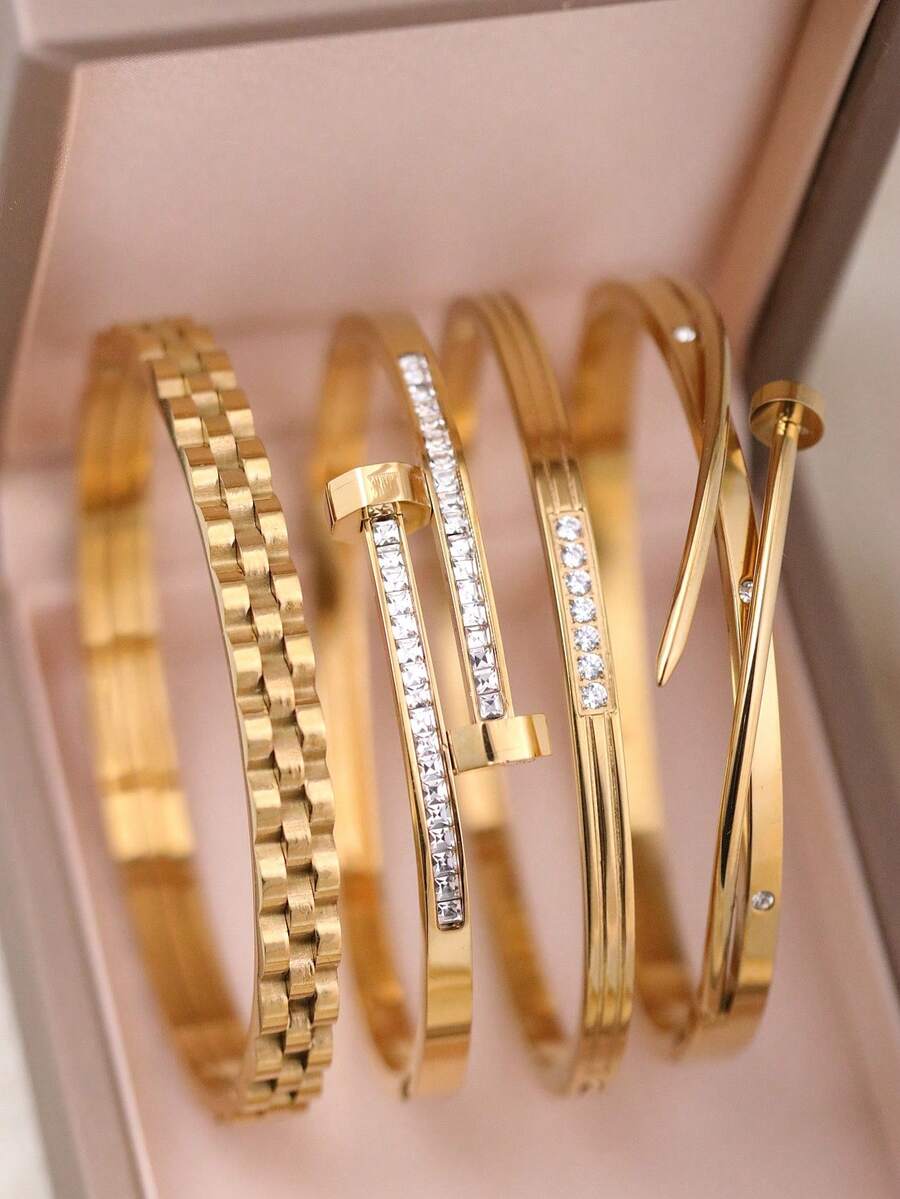 4件/1件套时尚优雅可叠戴镀金手镯，不锈钢材质，镶嵌立方氧化锆，适合日常佩戴、婚礼、派对、情人节礼物 - 金黃色 - 查看 1