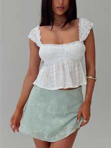 Women Crop Basic T-Shirts Casual Summer Eyelet Lace Cap Sleeve Solid Color Tops For Streetwear Aesthetic Grunge Clothes - White - View 1