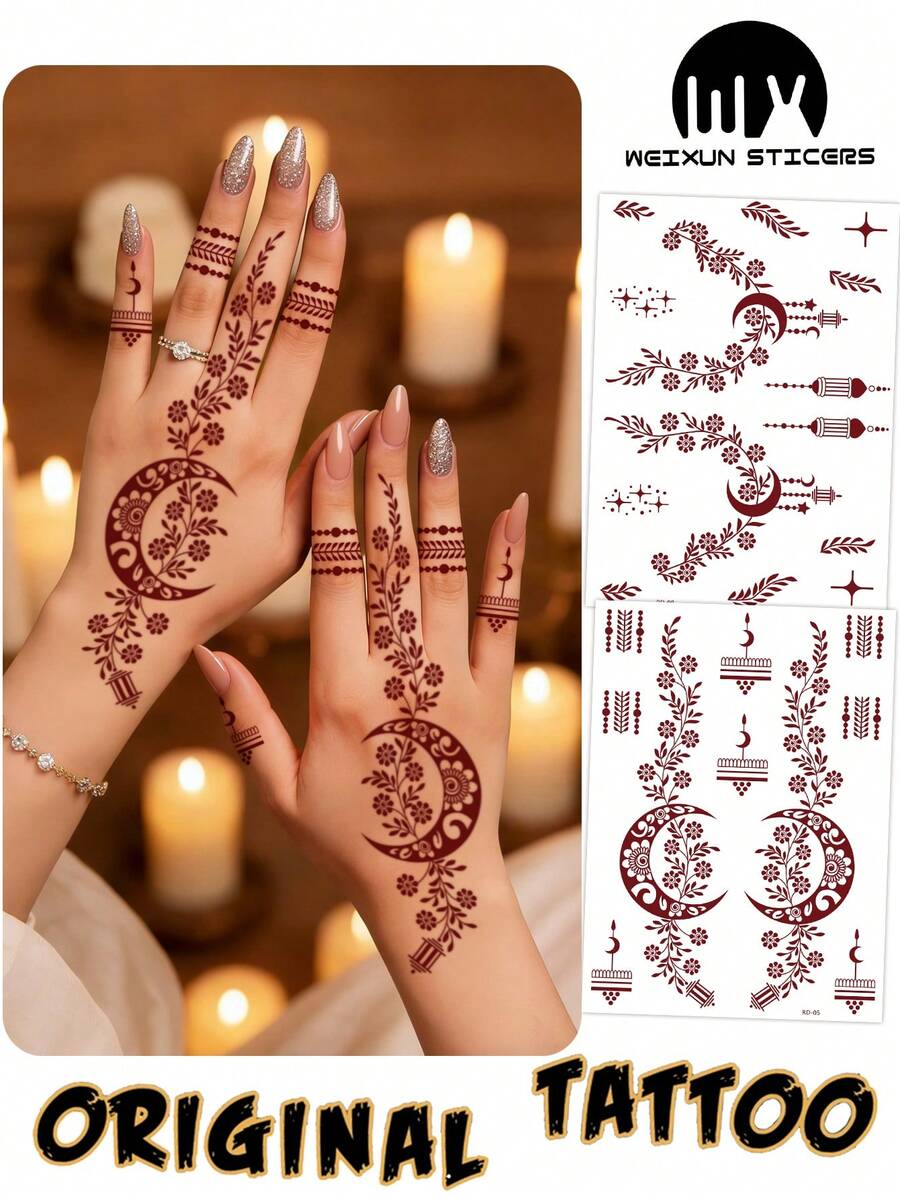 2张全手花卉图案棕红色酒红色性感脚趾手指手部纹身贴纸，女士花卉海娜纹身贴纸，防水花卉贴纸，棕色纹身贴纸，女士人体彩绘贴纸，婚礼派对棕红色纹身贴纸 - 紅色 - 查看 1