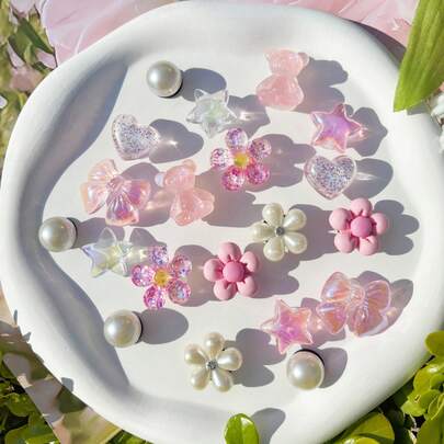 20pcs Pink Bear & Bow Shoe Accessories, Pink Series Shoe Decorations, Shoe Flowers, Fashion DIY Shoe Parts, Suitable For Perforated Sandals, Slippers, Great As Holiday Gifts