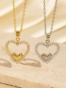 1PC Hollowed Out Double Heart-Shaped Diamond Pendant With Stainless Steel Chain Suitable For Valentine's Day, Couples, Mother's Day Celebration, And Daily Wear. A Great Jewelry Necklace - Heart Necklace - View 6