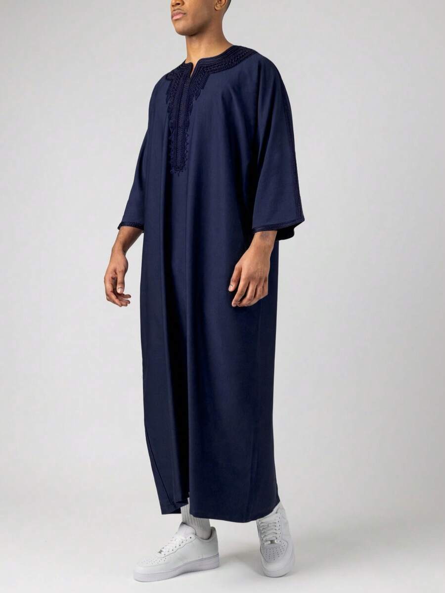 Men's Embroidered Moroccan Robe, High-End Embroidered Ramadan Long Robe With Pockets, Half Sleeve Ramadan Kaftan - Royal Blue - View 1