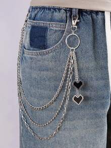 A Fashionable Accessory With Personalized, Fashion , Dark Black Heart Pendant, Double-Layer Zinc Metal Versatile Pants Chain - Black - View 11