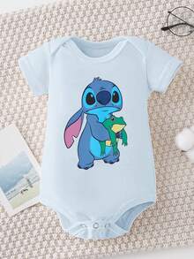 Disney Baby Clothing, Newborn  - Unisex - Disney Stitch Creative Cartoon Print - Crawling And Toddling Stage Set - Summer Outdoor Casual Crewneck Crawling Coverall With Triangle Hem Design - Summer Essential Item - Fun-Filled - Adorably Cute - Perfect Holiday Gift For Infants And Toddlers - 淺藍色 - 查看 1