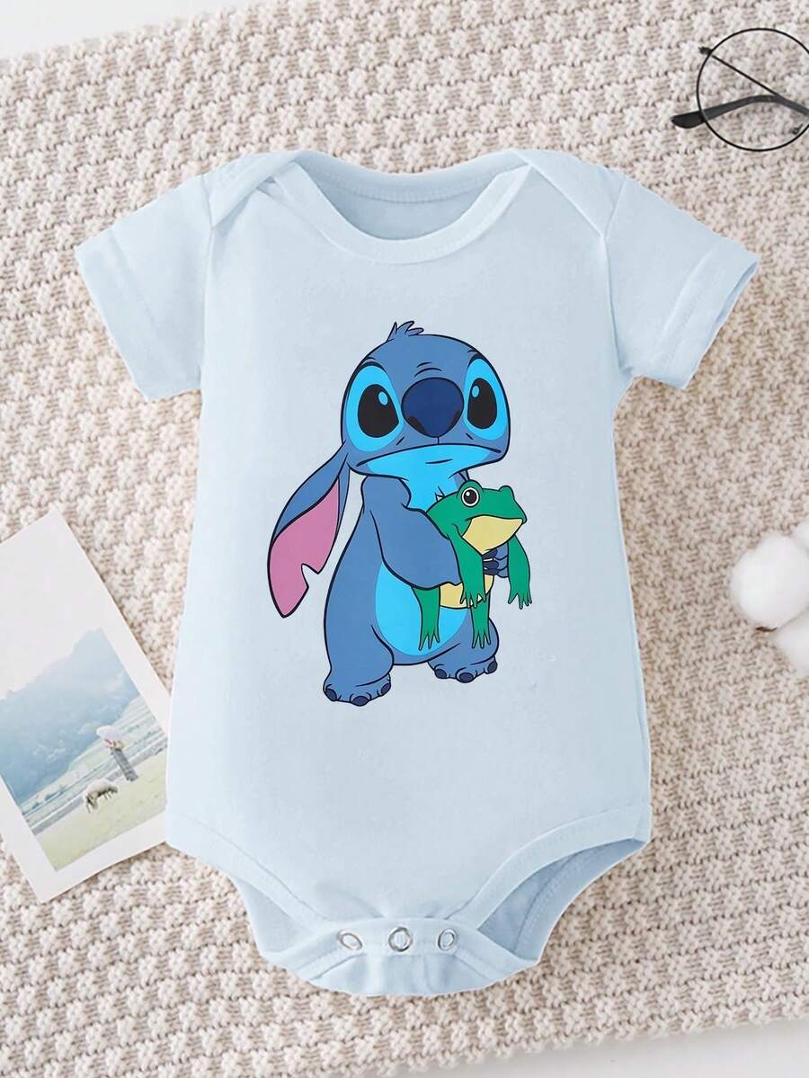 Disney Baby Clothing, Newborn  - Unisex - Disney Stitch Creative Cartoon Print - Crawling And Toddling Stage Set - Summer Outdoor Casual Crewneck Crawling Coverall With Triangle Hem Design - Summer Essential Item - Fun-Filled - Adorably Cute - Perfect Holiday Gift For Infants And Toddlers - 淺藍色 - 查看 1