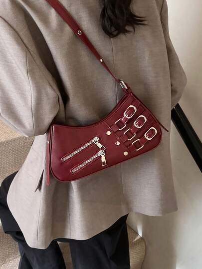 1pc Women's Faux Leather Solid Color Multi-Pocket Shoulder Bag