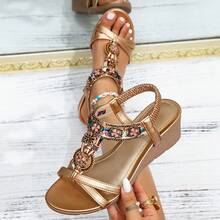 Women's Rose Gold Wedge Platform Sandals, Floral & Rhinestone Embellished Ladies Sandals With Elastic Ankle Strap, Comfortable Wedge Thick Sole Open-Toe Shoes For Summer Beach Vacation Casual Outings - 香檳色 - 查看 15