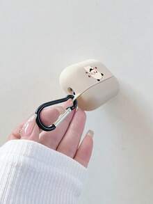 1pc Cute Bear Print Matte White Protective Case With Black Hook, Compatible With Apple Bluetooth Earphones (Case Only, Earphones Not Included) - Beige - View 4