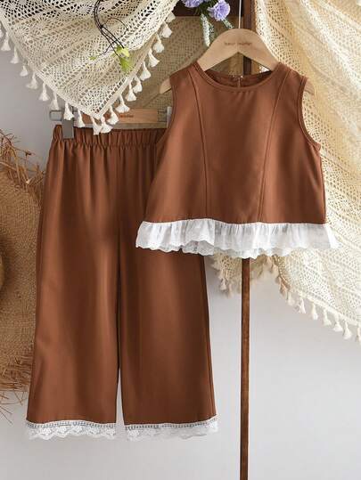 bearleader 2pcs Girls Summer Outfit, Lace Patchwork Vest + Solid Color Pants, Casual Stylish Set, Suitable For 3-7 Years Old