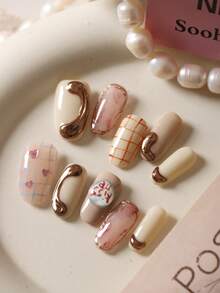 10pcs Press On Nails Fake Nails Short Pink Cute Love Rose Gold Lines Halation Office DailyWear False Nails Artificial Nails Kit Includes 1sheet Adhesive Tabs &1 Pc Mini File - Multicolor - View 2