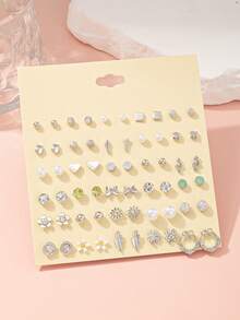 30颗精致小耳钉套装，闪亮花朵、蝴蝶结、音符设计，百搭组合，适合日常佩戴、约会、度假等场合。 - 銀色 - 查看 2