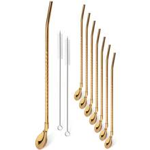 8 piezas de pajitas de metal largas de acero inoxidable con 2 cepillos de limpieza, accesorios para bebidas deé, café, bar, cocina y fiestas - Oro - Ver 2