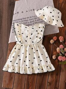 2件套女婴杏色爱心印花无袖荷叶边连衣裙配同款帽子套装，春夏款 - 杏色 - 查看 3