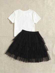Girls Cartoon Print T-Shirt And Layered Mesh Skirt - White - View 2
