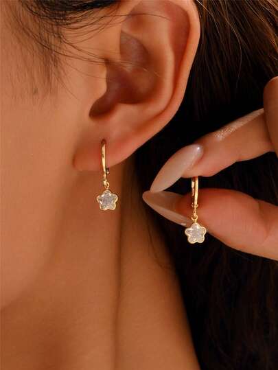 2pcs Star Flower Tear-Drop Zirconia Pendent Simple Earrings For Women, Daily Wear, Ramadan Jewelry