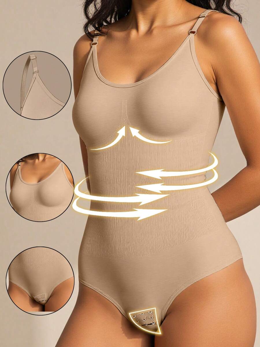 Bộ đồ liền thân không đường may màu trơn dành cho nữ, có dây đeo điều chỉnh được, giúp định hình vòng bụng, nâng hông, thon gọn eo và tạo dáng chân, khóa cài ở đáy quần, thích hợp mặc hàng ngày như lớp lót bên trong.