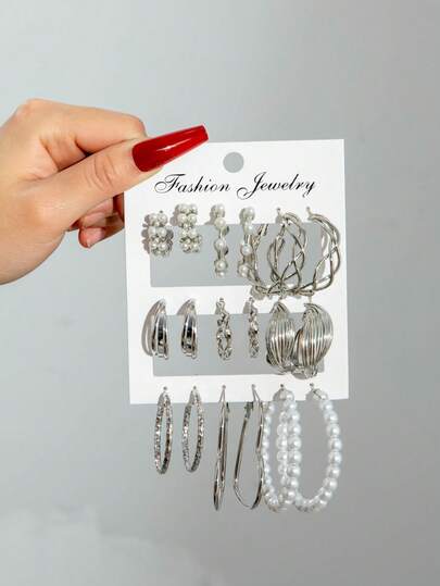 imoli 9件套 时尚简约欧美风可叠戴金属几何不对称心形、圆形、五角星开口耳环套装，珠宝礼品，派对佩戴