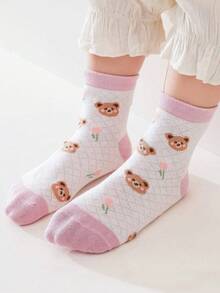 5双可爱粉色小熊图案儿童袜子，春秋季 - 粉色 - 查看 4