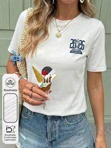 女士每日糖碗冠军图案圆领短袖休闲夏季女式上衣，红衣男子踩在斗牛犬身上图案女士白色T恤 - 白色 - 查看 5