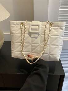 1pc Quilted Snap Closure PU Solid Color Handbag, New Vintage Soft Bag, Fashion Patchwork Underarm Bag, Relaxed Vibe, Large Capacity, Commute, Casual, Office, Work, Business, Date, Shopping, Suitable For Girlfriend, Best Friend, Women's Daily Use - White - View 5