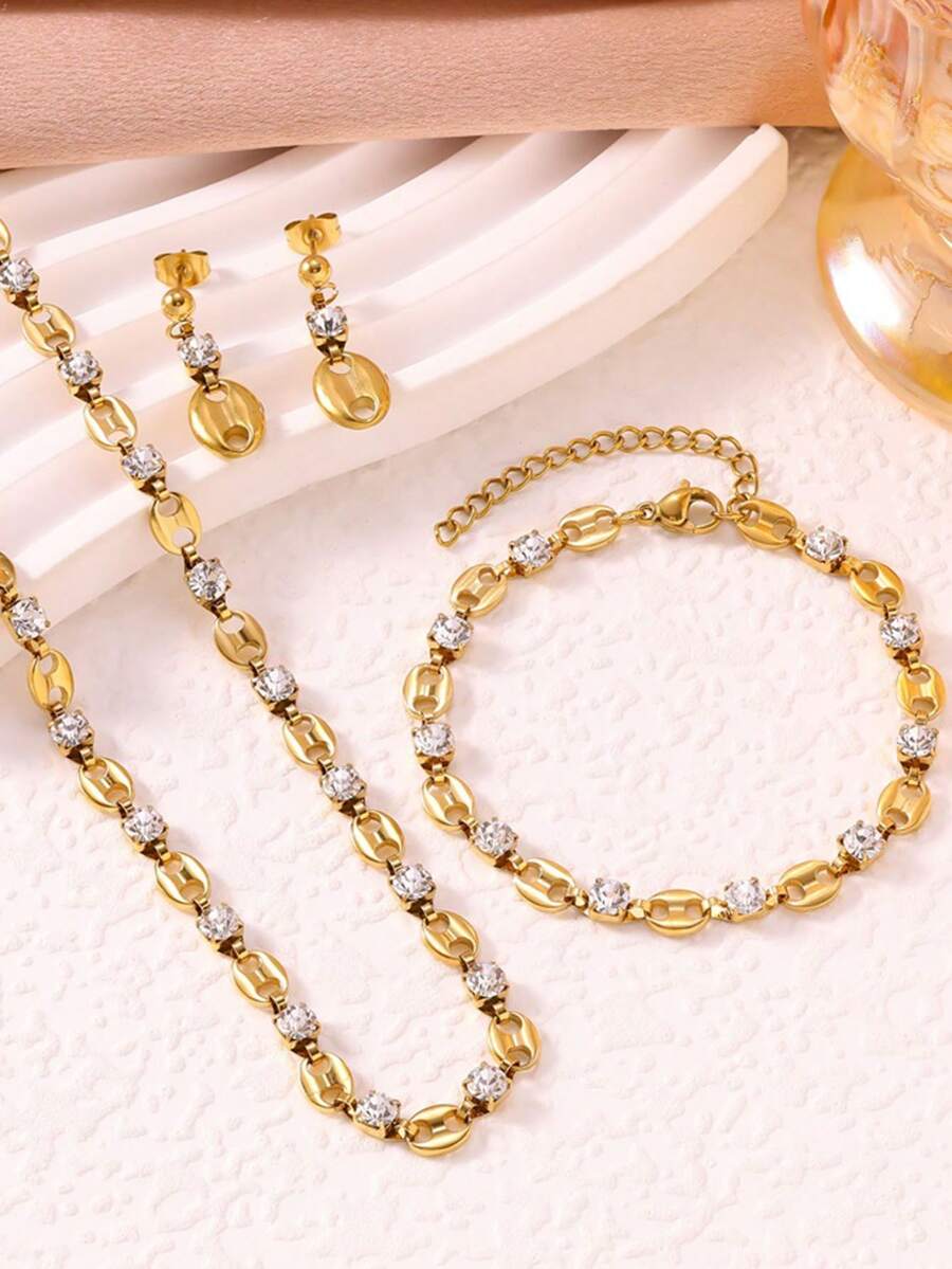 一套18K镀金立方氧化锆项链、手链、耳环，女士不锈钢猪鼻子首饰套装