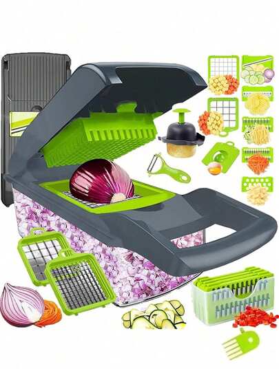 16pcs Vegetable Chopper With Container | Cheese Grater Salad Slicer Shredder Cabbage Grater Stainless Steel Suitable For Vegetarian Onion Potato Fruit, Manual Cooking Tools For Kitchen, Party Birthday Outdoor Kitchen Supplies