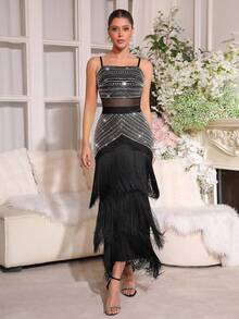 新款时尚性感流苏钻石吊带露背拉链长裙，优雅女士正式晚礼服，婚礼宾客礼服，节日圣诞派对礼服 - 黑色 - 查看 1