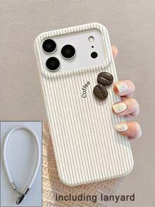 1个白色时尚新款3D咖啡豆皮革纹理手机壳，配有3D卡通咖啡豆图案和白色时尚挂绳，适用于 17 Pro Max/16 Pro Max/13/15/16/15 Pro Max/17 Pro/14/11，3D咖啡豆白色挂绳手机保护壳
