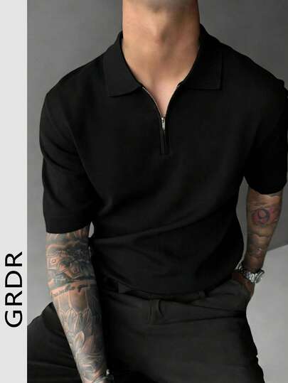 GRDR Men's Summer Fashion Half-Zip Polo Collar Knit Shirt Short Sleeve T-Shirt, Suitable For Social Gatherings, Fashionable Item