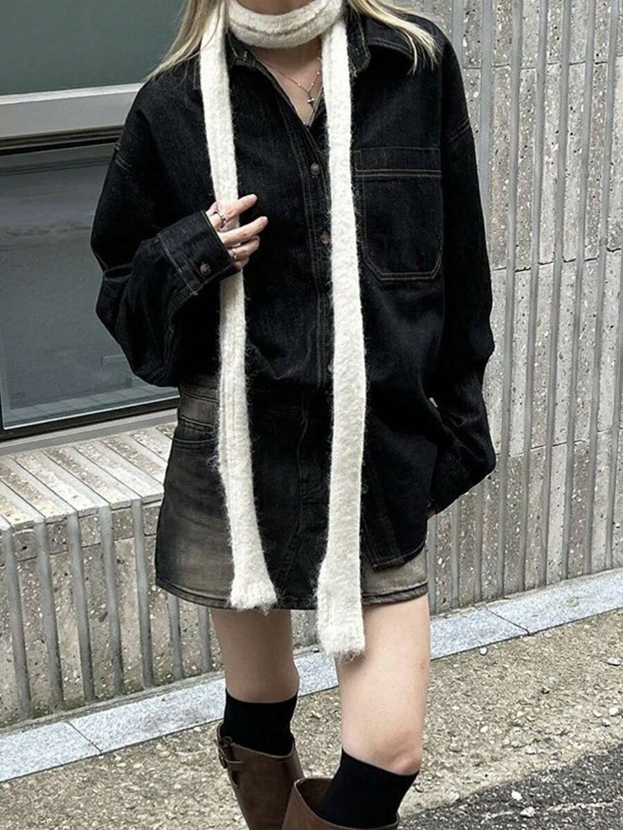 1pc Slightly Curled Edge Thin Scarf, Fashion Versatile Long Scarf, Narrow Style, Suitable For Pairing With Dresses - White - View 1