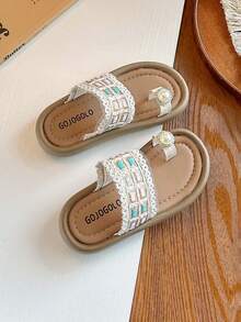 1 Pair Girls' Summer Pearl Lace Woven Thong Sandals, Children Soft Bottom Fashionable Outdoor Slippers - Beige - View 6