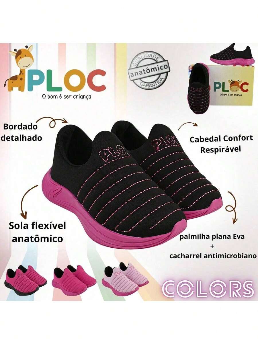 Ploc Colors Easy-To-Wear Slip-On Jogging Sneakers For Back To School, Anatomical Design (PINK SOLE) - 黑色 - 查看 1