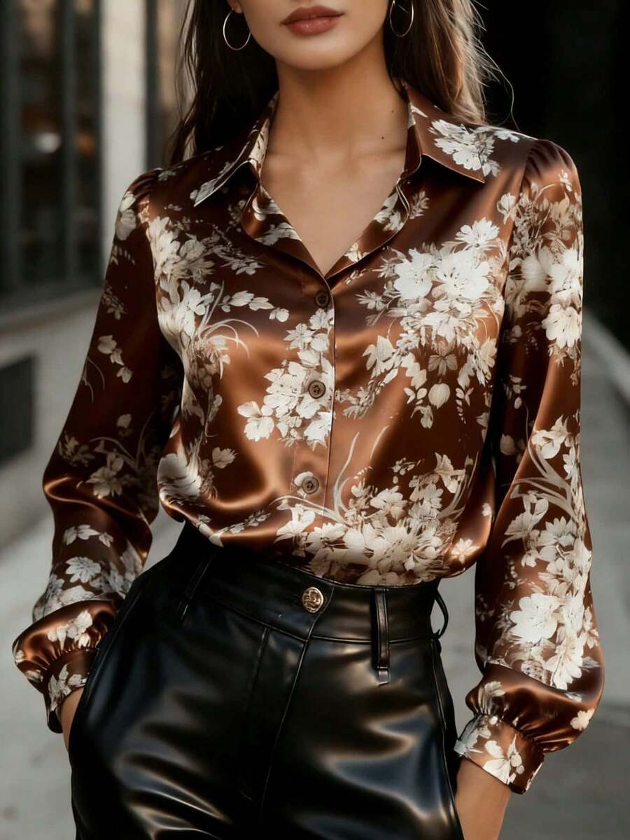 Áo kiểu nữ thanh lịch màu nâu satin in họa tiết, tay dài, chất liệu polyester, cổ áo cổ điển và chi tiết cúc cài. - màu nâu - Xem 1