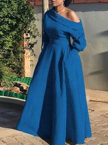 Plus Size Women's Dress, Colorblock Striped Print, Asymmetric Collar, Long Sleeve Shirt Dress, Pocket Design, Casual & Elegant, Suitable For Daily, Office, Vacation, Autumn/Winter Spring - Blue - View 2
