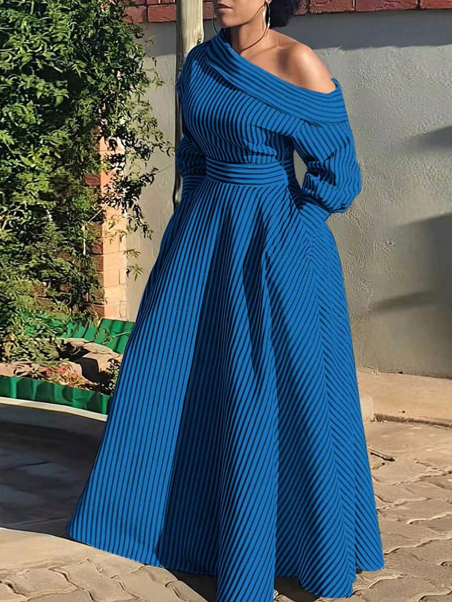Plus Size Women's Dress, Colorblock Striped Print, Asymmetric Collar, Long Sleeve Shirt Dress, Pocket Design, Casual & Elegant, Suitable For Daily, Office, Vacation, Autumn/Winter Spring