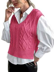 Sweater Vest For Women V Neck Sleeveless Knit Solid Casual Ribbed Preppy Pullover Tops - 玫紅色 - 查看 4