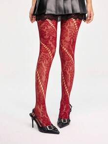 1 szt. damskie rajstopy siateczkowe plus size, vintage'owe francuskie spiralne, ażurowe, kwiatowe, koronkowe, żakardowe pończochy, seksowne, eleganckie rajstopy siateczkowe w stylu punk rock, odpowiednie na święta, imprezy, gale - Burgund - Zobacz 1