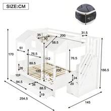 Etagenbett, Kinderbett, Deux Schubladen Mit Rollen, Schöne Fenster Und Dach, Treppenhausschrank Mit 4 Staufächern, Kiefer + MDF+Sperrholz, White, 90x200cm & 140x200cm - White - View 6