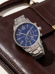 4-Piece Casual Business Men's Quartz Watch Set, Including 1 Silver Quartz Watch, 1 Arabic Numeral Chronograph Watch With Alloy Strap, 1 Chain Bracelet, 1 Cross Necklace, And 1 Textured Ring