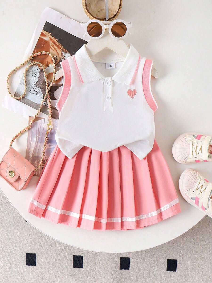 2pcs Girls' School Sports Heart Embroidery Sleeveless Polo Collar Top And Pleated Skirt Set, Summer - Pink - View 1